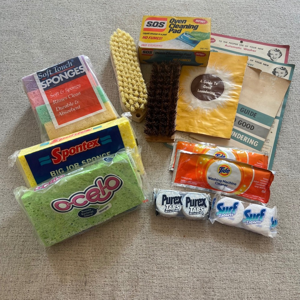 Vintage Cleaning Laundry Lot Tide Purex SOS Sponges Brushes Mid Century Manuals